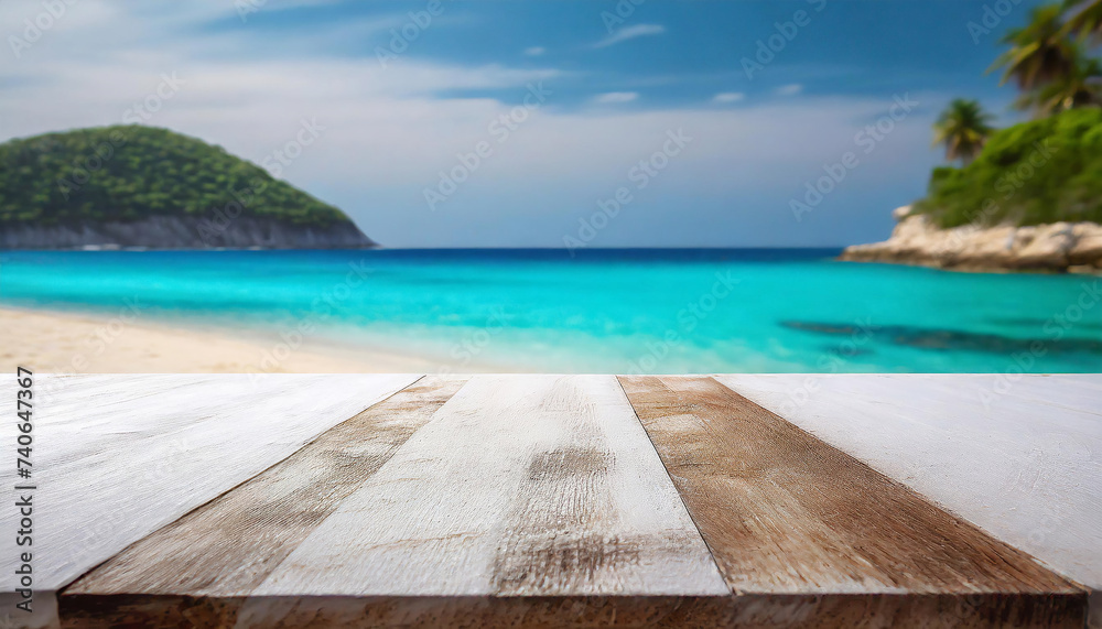 Wooden deck or table overlooking a serene tropical white sandy beach, clear turquoise ocean, and lush green island