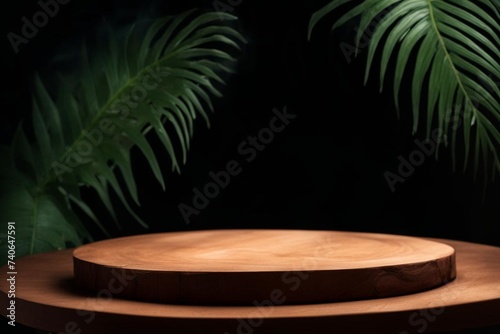 An empty round wooden table and tropical leaves on a dark background. To demonstrate the product. High quality photos