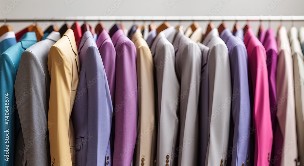 Various colorful bussines suit in a neat row on a white background