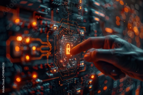 Finger touching key icon on circuit board symbolizing advanced security in digital technology conceptual representation of cybersecurity and data protection showcasing integration of modern computing photo