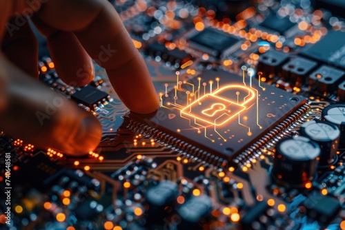 Finger touching key icon on circuit board symbolizing advanced security in digital technology conceptual representation of cybersecurity and data protection showcasing integration of modern computing