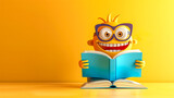 Cartoon Character Reading a Book with Excitement on Yellow Background