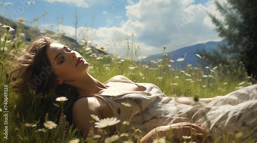 A photo capturing a sunbathing retreat in a peaceful countryside meadow, surrounded by wildflowers and tall grass.
