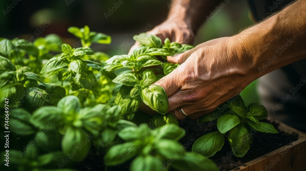 Close-up of hands harvesting aromatic herbs, like basil and mint, in a kitchen garden, capturing the sensory delight of herb gardening.	 - obrazy, fototapety, plakaty 