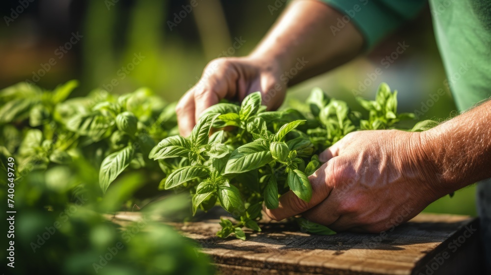 Close-up of hands harvesting aromatic herbs, like basil and mint, in a kitchen garden, capturing the sensory delight of herb gardening.	