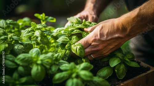 Close-up of hands harvesting aromatic herbs, like basil and mint, in a kitchen garden, capturing the sensory delight of herb gardening.	 photo