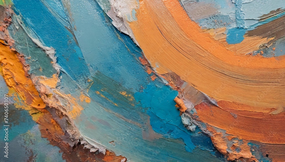 Abstract rough blue-orange painting texture, oil brush stroke. Multicolored art