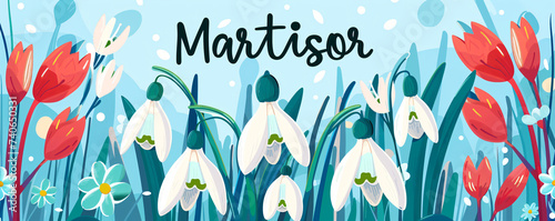 Martisor celebrating postcard with lettering and snowdrops flower. Baba Marta holiday concept. Martenitsa. Moldovan Romanian and Bulgarian symbol for spring beginning photo