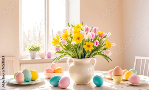 Easter setting table. Copy space. Free space for text.