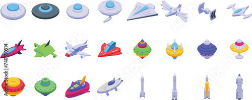 Alien cosmic starship icons set isometric vector. Fantasy spaceship. Flying futuristic