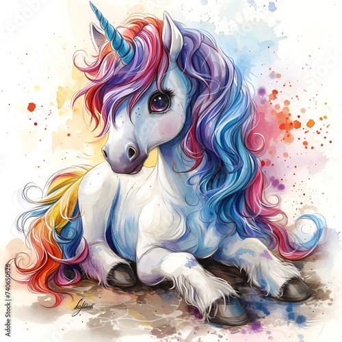 Paint a beautiful, loose style watercolor of a baby unicorn amidst serene nature, a captivating scene to behold., Generative Ai

