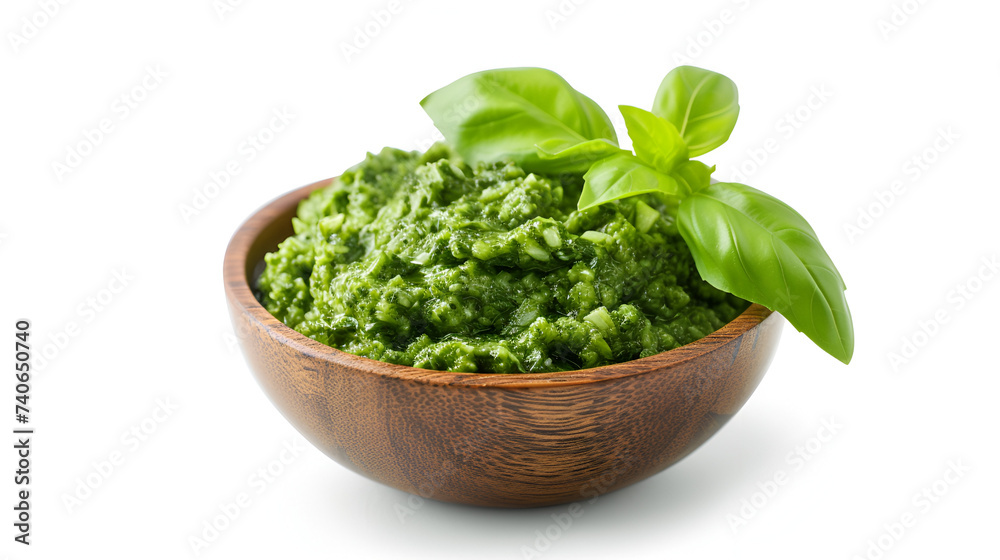 Lovely fresh green pesto with basil in a beautiful wooden bowl, perfect for Italian cuisine lovers. Generative AI

