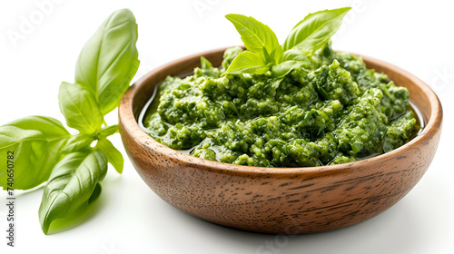 Lovely fresh green pesto with basil in a beautiful wooden bowl, perfect for Italian cuisine lovers. Generative AI