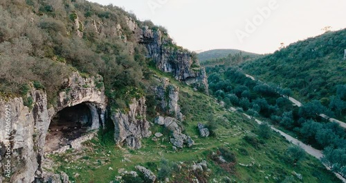 buracas valley in portugal large cave medium long slow motion drone shot