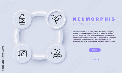 Treatment line icon. Medication, treatment, pharmaceuticals, tablets, alcohol, disinfection, tablets, chemicals. Neomorphism style. Vector line icon for business and advertising