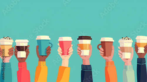 Phrase: Many arms raised holding coffee, creating a bustling scene of caffeinated energy, Generative Ai.