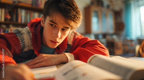 Stressed male teenage student, exhausted and frustrated young man sitting at a desk or table in his room, studying. Paper notebooks open, homework deadline, worried and anxious teen photo