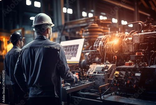 Industrial workers in helmets performing maintenance on industrial machinery and checking the security system in the factory.