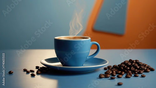 Creative coffee concept in blue and orange colors. Cup of coffee on a creative background.