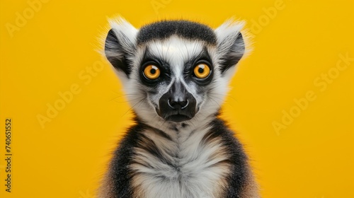 Closeup portrait of one beautiful Madagascar black and gray furry lemur animal indoors isolated on a yellow background. Fluffy creature looking at the camera