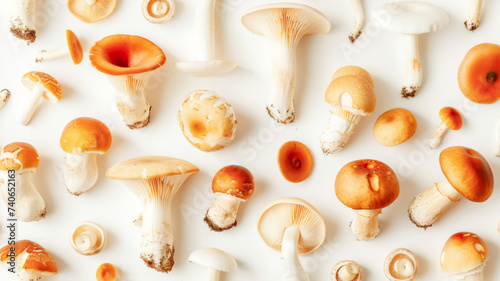 Raw natural edible mushrooms on white background. Edible mushrooms backdrop. Concept of healthy sustainable food and organic products. Flat lay photo