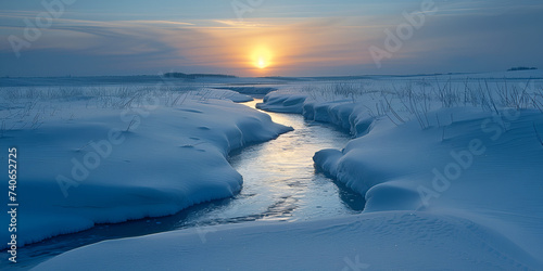 Capturing the Soft Glow of Evening.sunset over the frozen river 