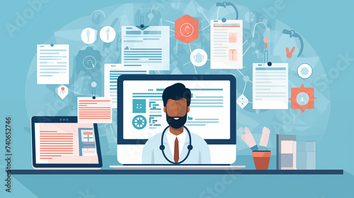 Digital health records and electronic medical records, healthcare provider accessing and reviewing patient health information on computer, secure and efficient exchange of medical data between healthc