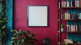 A mockup poster blank frame hanging on a vibrant magenta wall, above a minimalist wall-mounted book rack, Minimalist-style living area