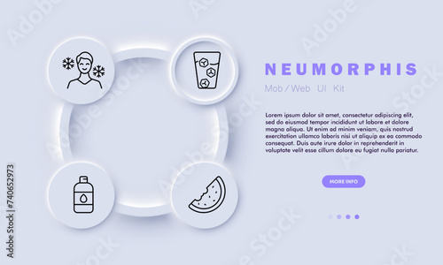 Vacation line icon. Evaporative coolers, ceiling fans, refreshing beverages, ice, watermelon, snowflake, cold. Neomorphism style. Vector line icon for business and advertising