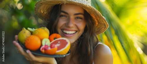 Attractive woman in stylish straw hat holding a colorful plate of assorted fresh fruits
