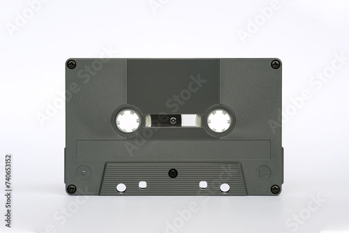 Front view of audio cassette standing isolated on white background