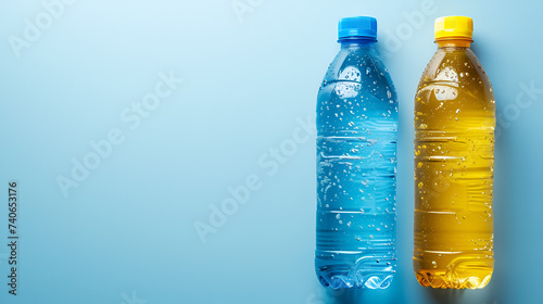 Two plastic bottles filled with isotonic energy drink in vibrant blue and yellow colors, standing against a backdrop of lush greenery, Generative Ai.

 photo