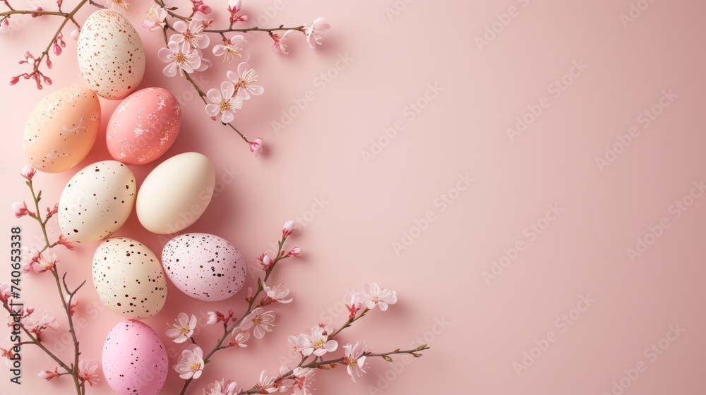 Easter eggs and branches with sakura flowers in pastel colors