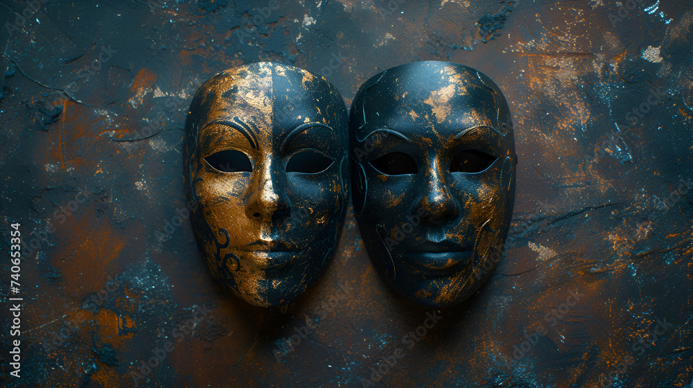 Theatrical masks depicting good and evil contrasting against a dark background, evoking dramatic tension and symbolism, Generative Ai

