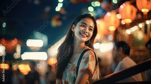 portrait of a person in a city, portrait of Happy young tourist Asian woman enjoy three wheel open air taxi and fun traditional asian street food at night Bangkok Chinatown