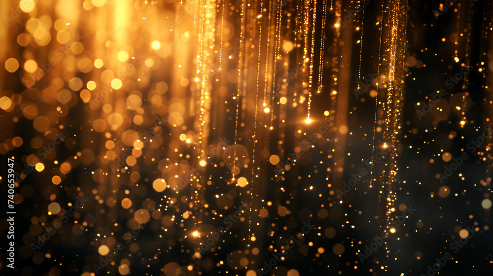 Shiny golden glitter rain draping down on black background ...