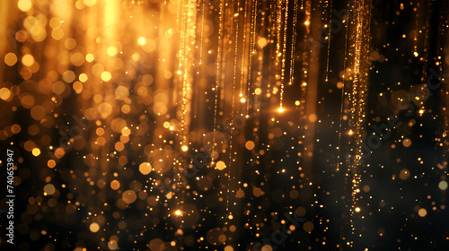 Shiny golden glitter rain draping down on black background, illuminating the darkness with a mesmerizing cascade of light and sparkle, creating a surreal atmosphere, Generative Ai.