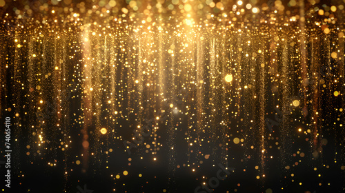 Shiny golden glitter rain draping down on black background, illuminating the darkness with a mesmerizing cascade of light and sparkle, creating a surreal atmosphere, Generative Ai.

 photo
