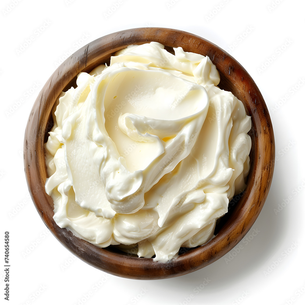 Sour Cream, Mayonnaise, Yogurt in wooden bowl top view isolated on white Sour Cream, Mayonnaise, Yogurt in wooden bowl top view isolated on white