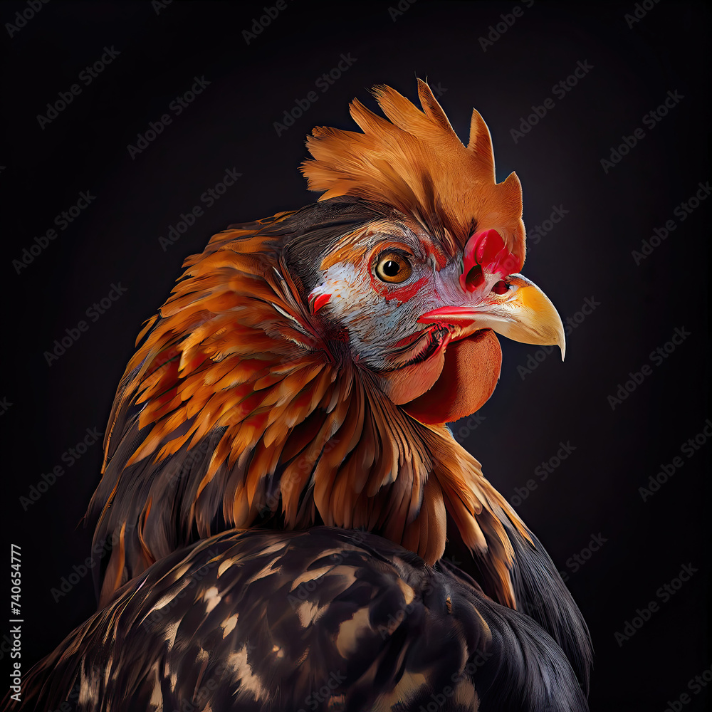 Majestic Studio Portrait of a Phoenix Chicken on Dark Background