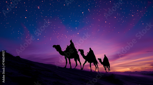 Silhouette of Three Wisemen Riding their Camels on the Desert Horizon, Generative Ai