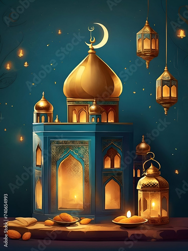 3D illustration of Islamic decoration of Ramadan mosque generated by AI