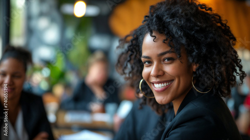 Professional Business Environment, Joyful Diverse Woman Engaged in Conversation with Coworkers, Natural Lighting, Corporate Setting: Office, Conference or Networking Event