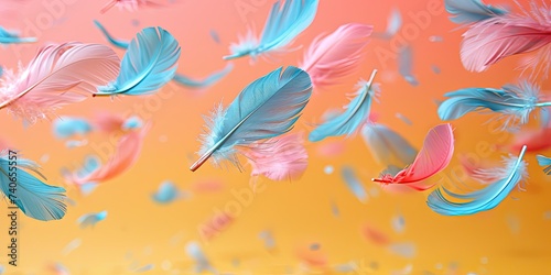 pastel colored feathers flying  soft pastel pink green blue purple colors