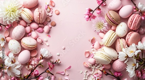 Pastel gradient backgrounds for Easter and Spring. Macaroons, desserts, flowers