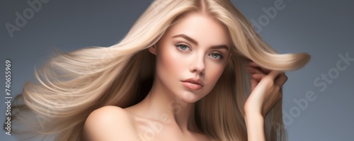 Healthy hair care, beauty and woman with clean shampoo hair after self care treatment, spa beauty salon or luxury wellness routine. Shine, soft and natural blonde model isolated on studio photo