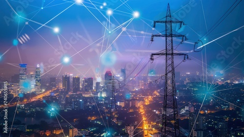 High-power electricity poles situated in an urban area seamlessly connected to a smart grid infrastructure. 