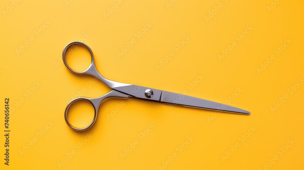 scissors on bright yellow abstract blank paper background - obrazy, fototapety, plakaty 