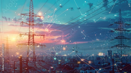 High power electricity poles in urban area connected to smart grid. Energy supply, distribution of energy, transmitting energy, energy transmission,