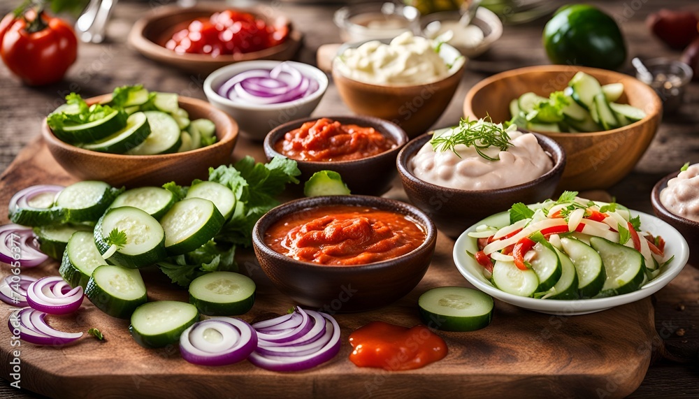 Thousand Islands sauce and ingredients cucumbers, onions, paprika